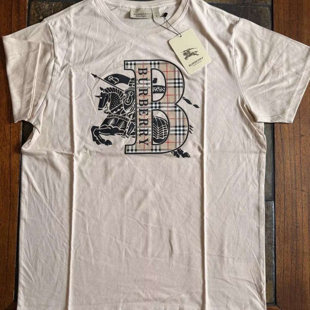 Burberry Logo Print T-Shirt with Signature Checked Pattern - NWT-Tan-Large